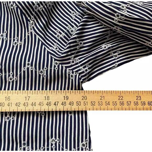 LOFT Outlet Eyelet Blouse Size Medium Navy Blue Stripe Gathered Shoulder Cuffs - Picture 9 of 11
